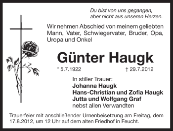 Traueranzeige von Günter Haugk von Pegnitz-Zeitung